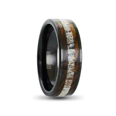 Black Tungsten Ring with Deer Antler Between Tiger Stripe Bocote Wood Inlays